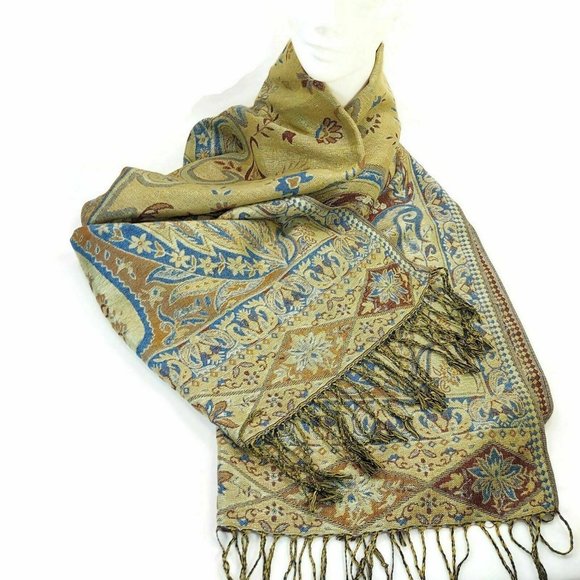 Women's Scarf Pashmina Soft Silky Shawl Wrap Light Stole Veil in Gold & Blue - Picture 7 of 7